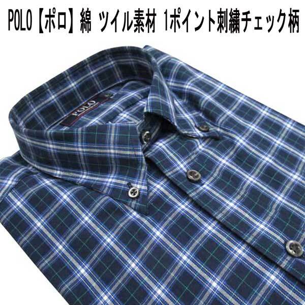 春 POLO 綿1P刺繍BDシャツ ツイル/チェック柄 紺×白 M拍卖