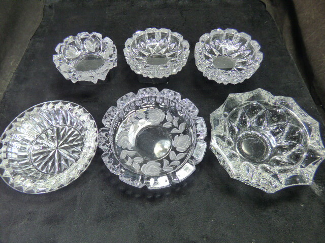 ほ684【6点】ガラス製 灰皿 ガラスの灰皿 重厚感 応接間 カットガラス 彫刻 クリア 拍卖