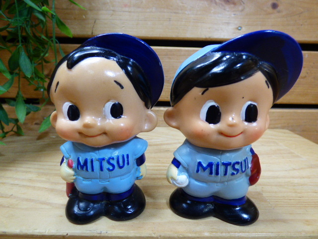 ほ697【2体セット】ホームラン坊や 三井銀行 貯金箱 ソフビ人形 非売品 ノベルティ 昭和レトロ 当時物 希少拍卖