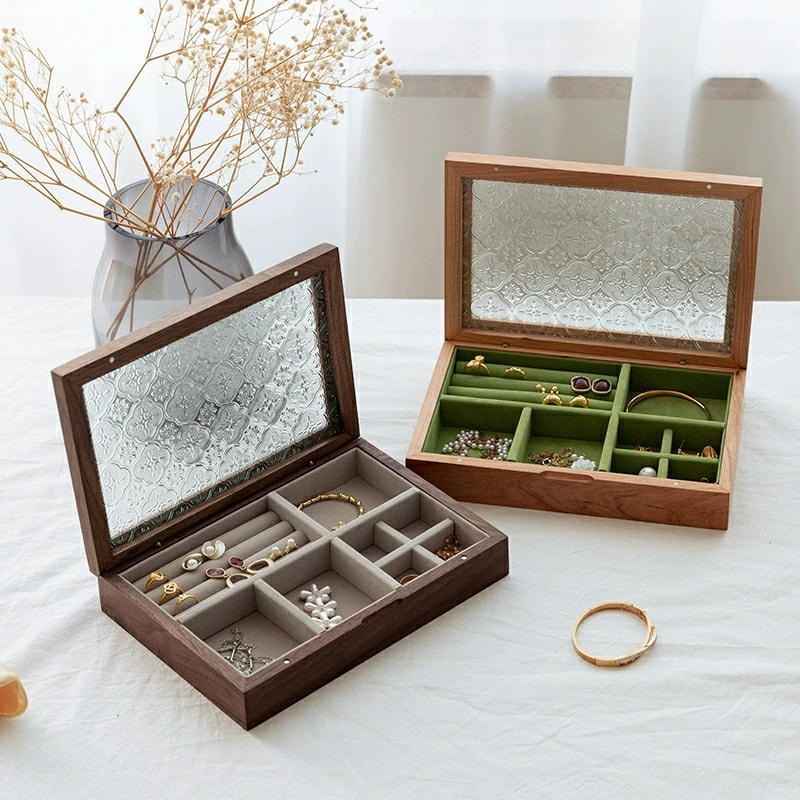 ジュエリーボックス アクセサリーケース 大容量 仕切り調整 1段 木製 フローラガラス ウッドケース おしゃれ 高級 収納 時計 指輪 手作り拍卖