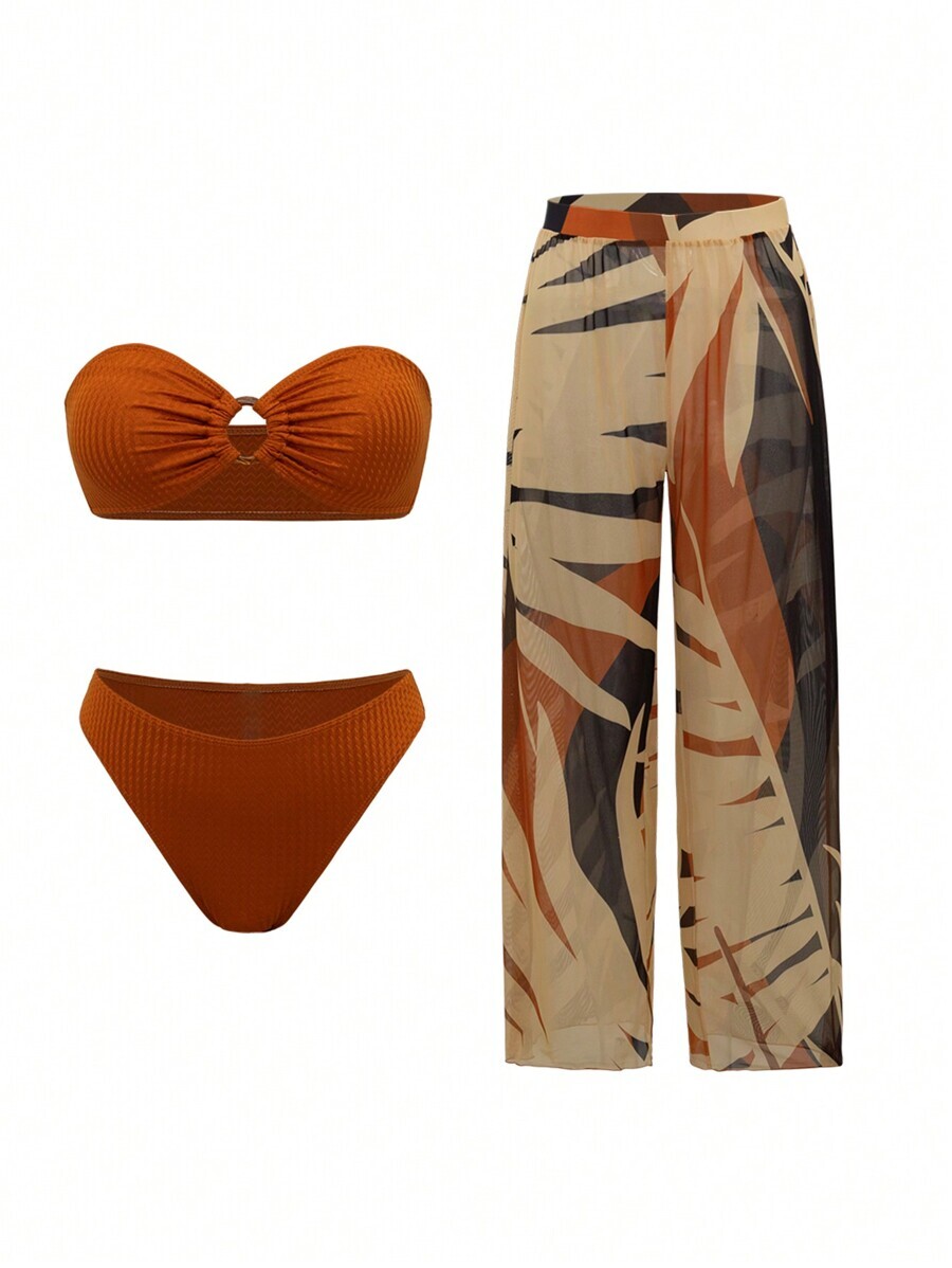 レディース 水着 ビキニセット 3点セット サマービーチ 無地 バンドゥビキニトップ & ワイドレッグ トロピカルパーム柄ロングパ拍卖