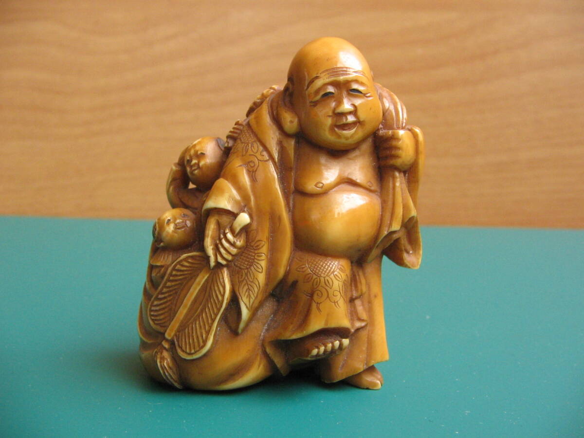 根付 布袋様とわらべ 子供 七福神 /提げ物 旧家所蔵 古美術拍卖