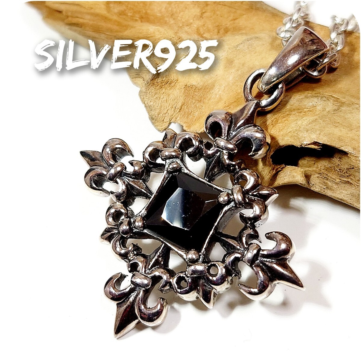 2691 SILVER925 オニキス ユリ クロストップ シルバー925 天然石 Lilly リリー 百合の紋章 ゴシック ヴィンテージ ハンドメイド レア希少拍卖