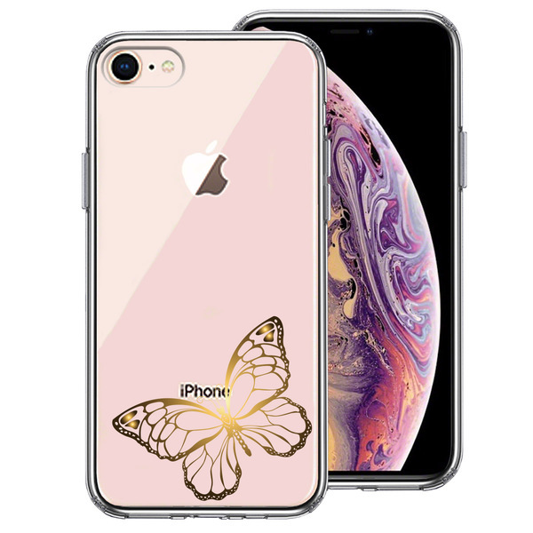 iPhone8 ケース クリア 蝶 ちょうちょう バタフライ ゴールド スマホケース 側面ソフト 背面ハード ハイブリッド拍卖