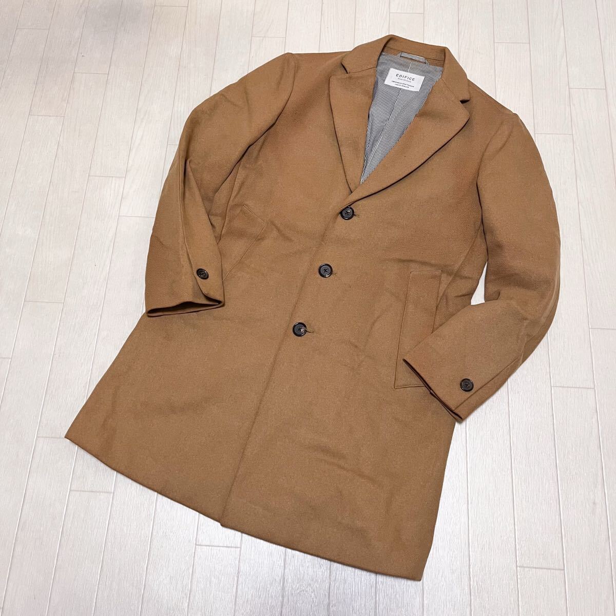 和658★ EDIFICE エディフィス チェスターコート セミロングコート 裏地ストライプ S ベージュ メンズ拍卖