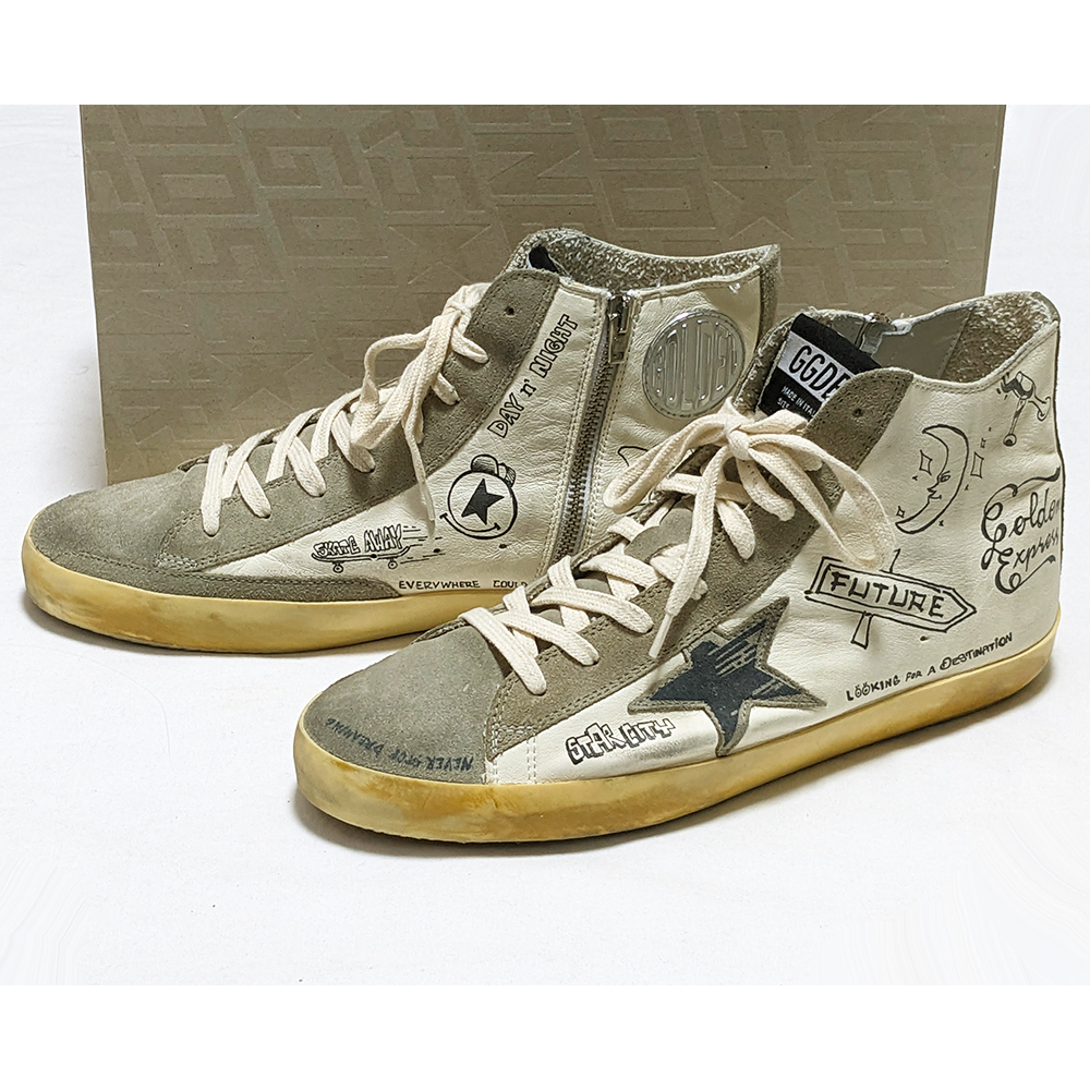 GOLDEN GOOSE FRANCY WITH JOURNEY PRINT サイドジップレザースニーカー 43 新品同様 定価83,600円 ゴールデングース GGDB拍卖