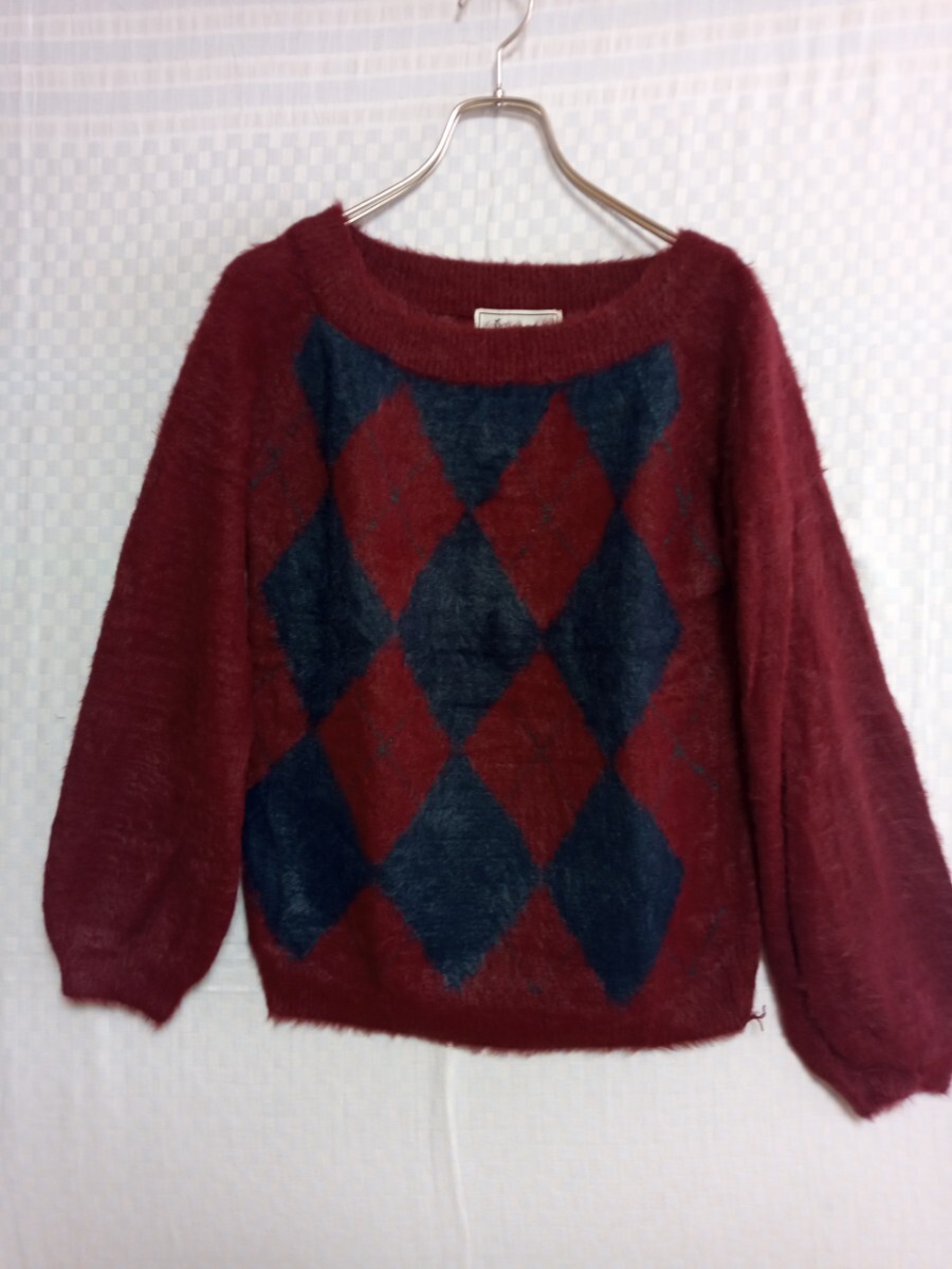 10764 ★★ ロペピクニック ふわふわフェザーヤーンアーガイルニットプルオーバー サイズ38拍卖