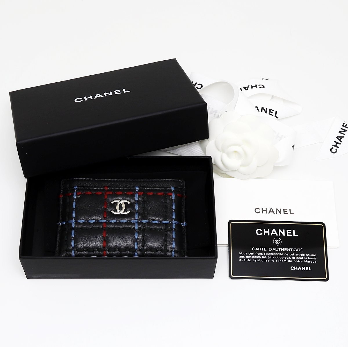 中古品 シャネル ワイルドステッチ カードケース ネイビー ピンク ラムスキン 名刺入れ シルバー金具拍卖