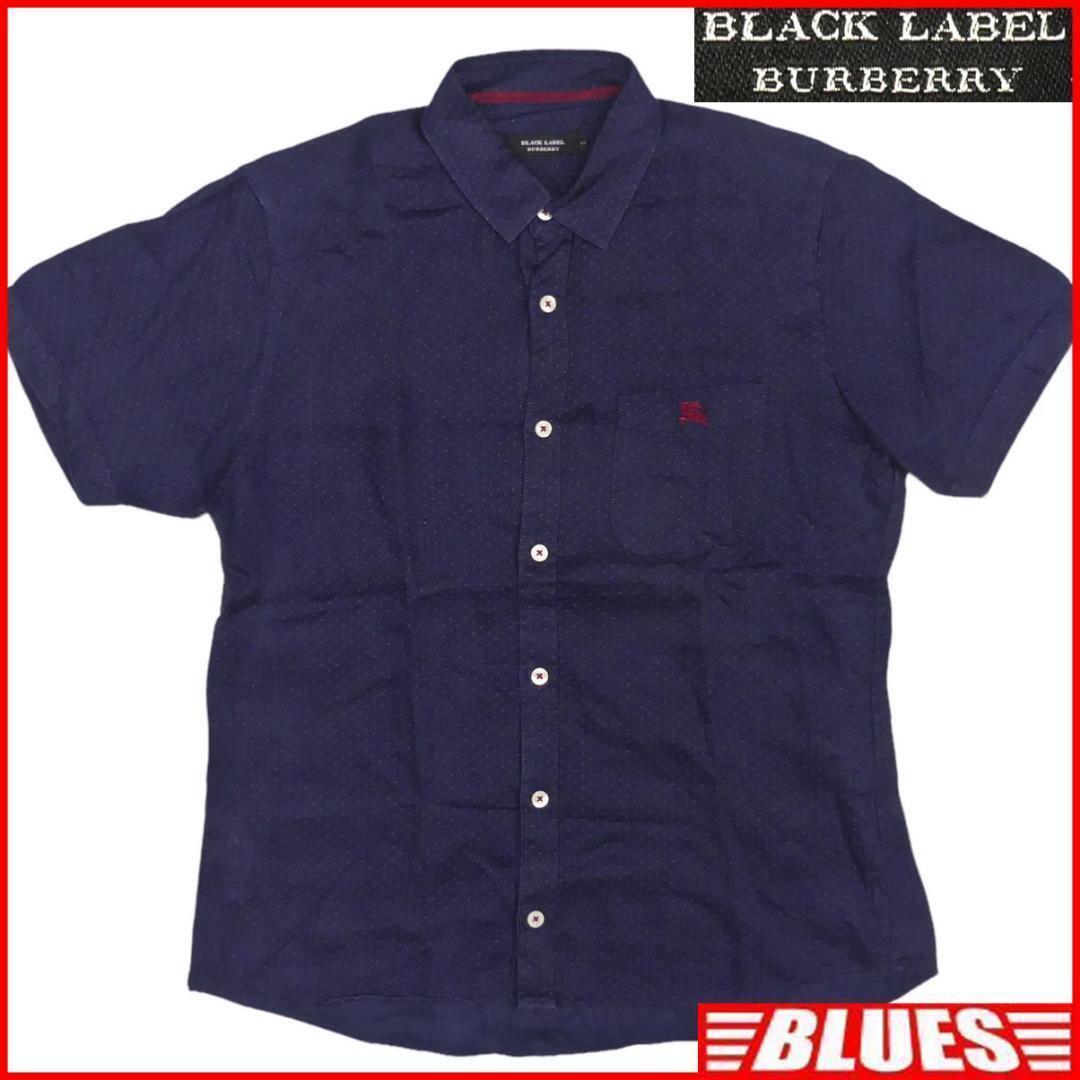 即決★BURBERRY BLACK LABEL★メンズM廃版 リネンシャツ バーバリーブラックレーベル 2 紺 ネイビー ドット柄 三陽商会 刺繍 半袖拍卖