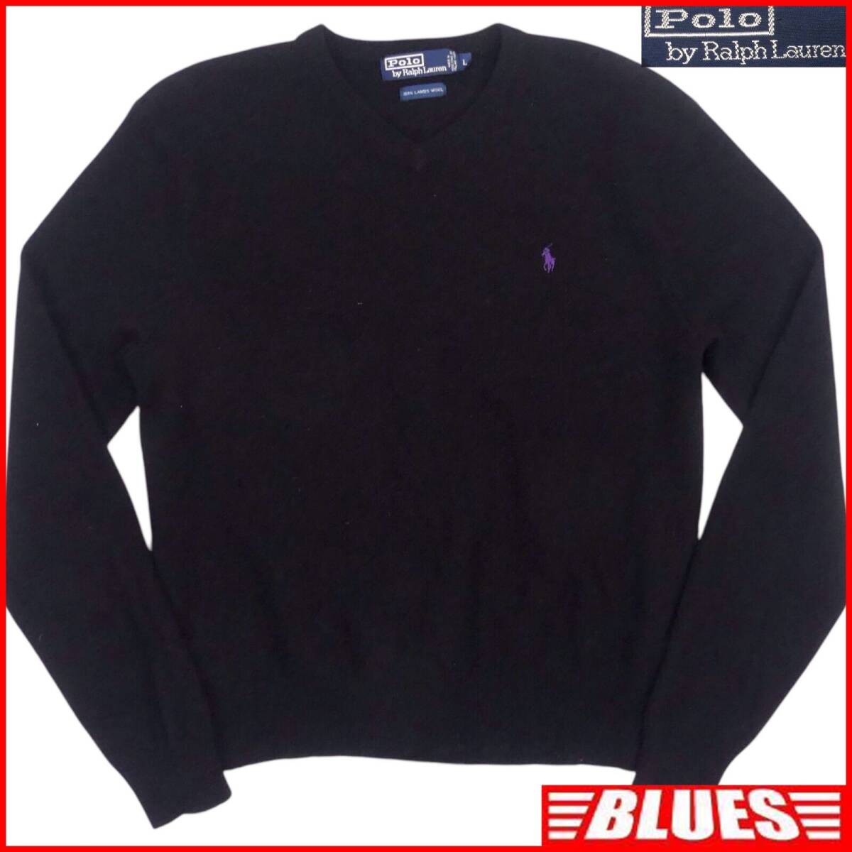 即決★POLO RALPH LAUREN★メンズ L ニット セーター ラルフローレン 黒 刺繍 Vネック拍卖