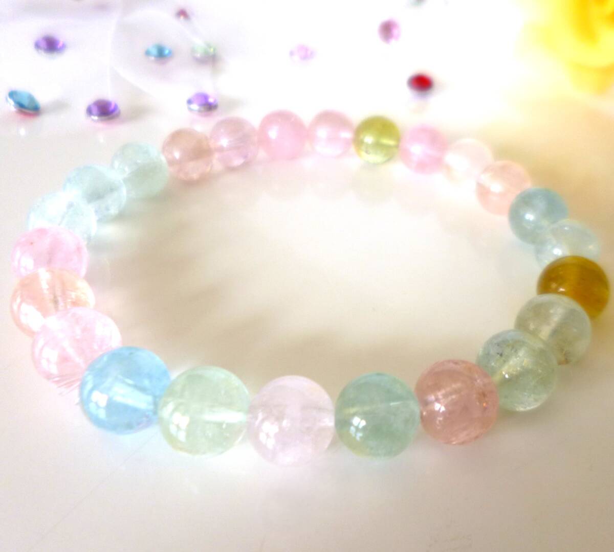 ☆愛のミックスベリル☆宝石質☆綺麗な透明感☆アクアマリン☆モルガナイト☆エメラルド☆ ☆高品質AAA☆ ☆8.5mm☆ ☆17cm拍卖