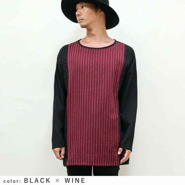 ピンストライプ切替 長袖カットソーrv7525 メンズカットソー 長袖Tシャツ 新品 ブラックxワイン M拍卖