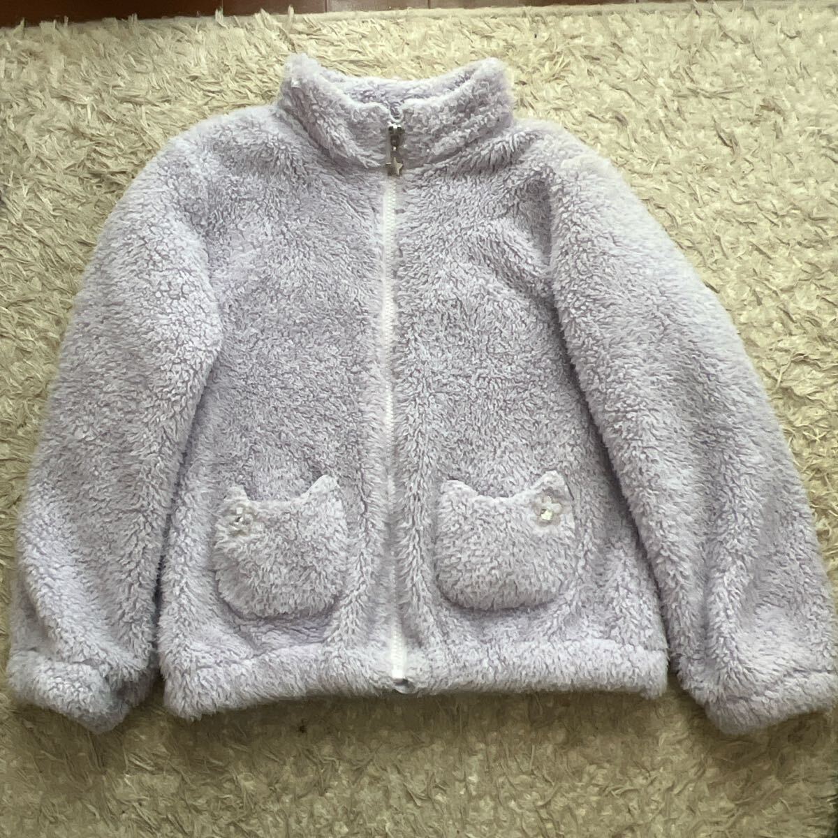おなまえ欄未記入★ラベンダーフリースジャケット 猫耳ポケット付き130サイズ拍卖