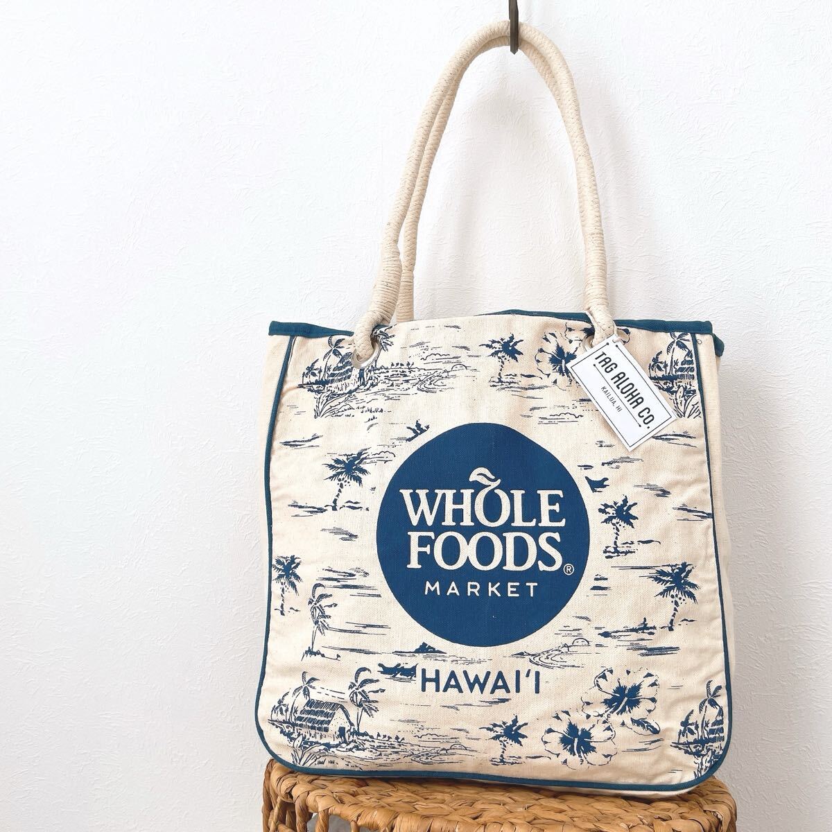 新品ホールフーズマーケットWHOLE FOODS MARKETエコバッグ お土産トートバッグ白ホワイト青カイルアhawaiiハワイ ダークブルー ヤシ拍卖