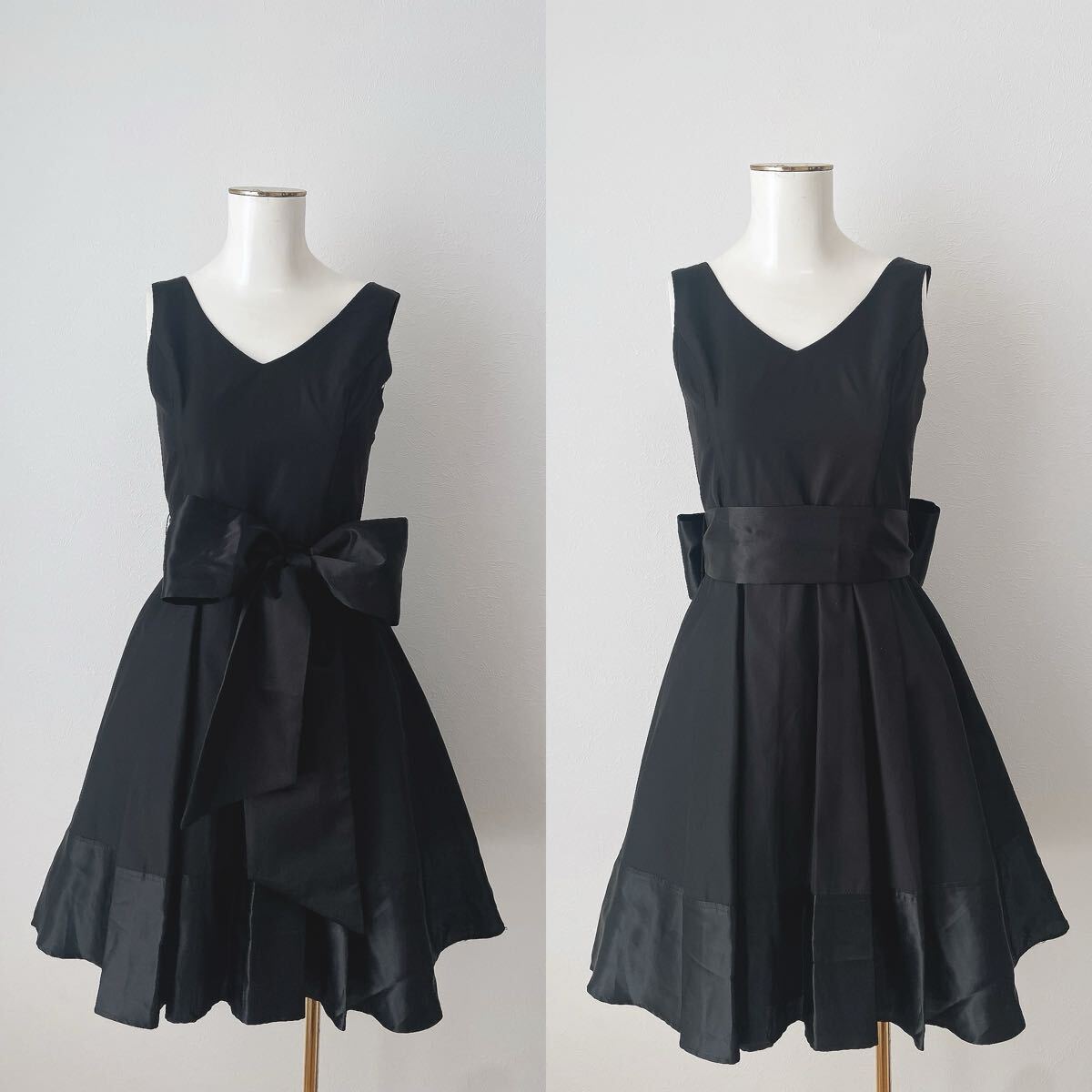 華やか ピンキーガールズpinky girlsフレア二次会ワンピースSサイズ黒ブラックビッグ リボン2wayサテン発表会ドレス結婚式パーティ拍卖