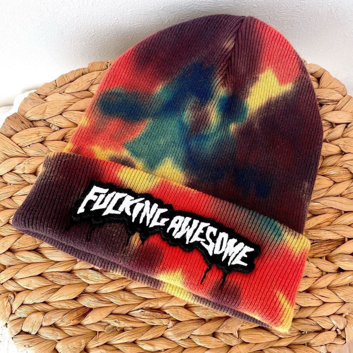 希少ファッキングオーサムFUCKING AWESOMEニット帽ワッチキャップ取り外し可能ロゴ ワッペン帽子ニットキャップ ビーニー タイダイ柄拍卖
