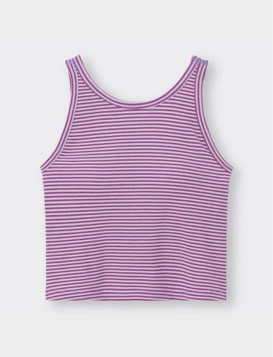 新品ジーユーGUブラフィール クロップドアメリカンスリーブ タンクトップ ボーダーSサイズ インナー下着パープル ピンク ブラトップ拍卖