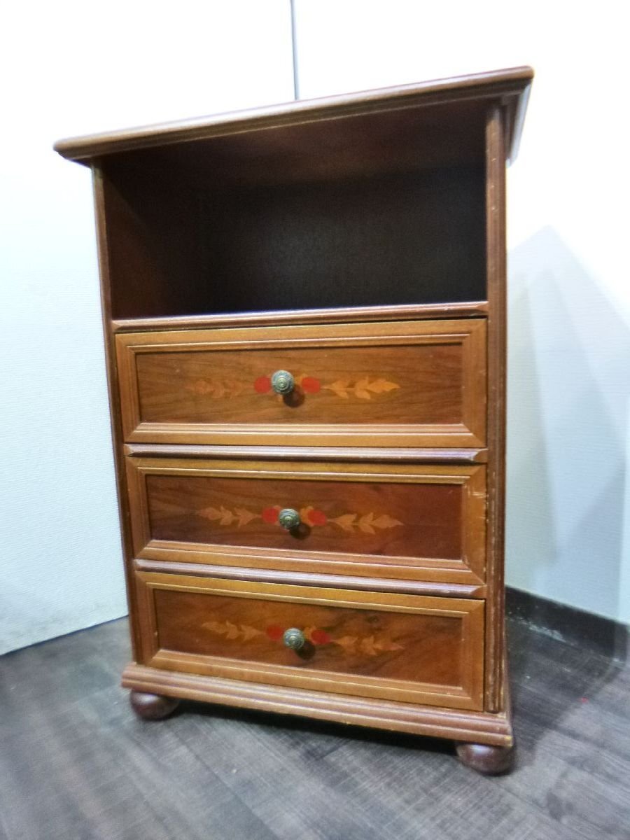 MB/B28A-DA8 イタリア製 東信商会 キャビネット 天然木 電話台 引き出し 三段 象嵌 チェスト アンティーク 家具 50cm×29cm×高72cm拍卖