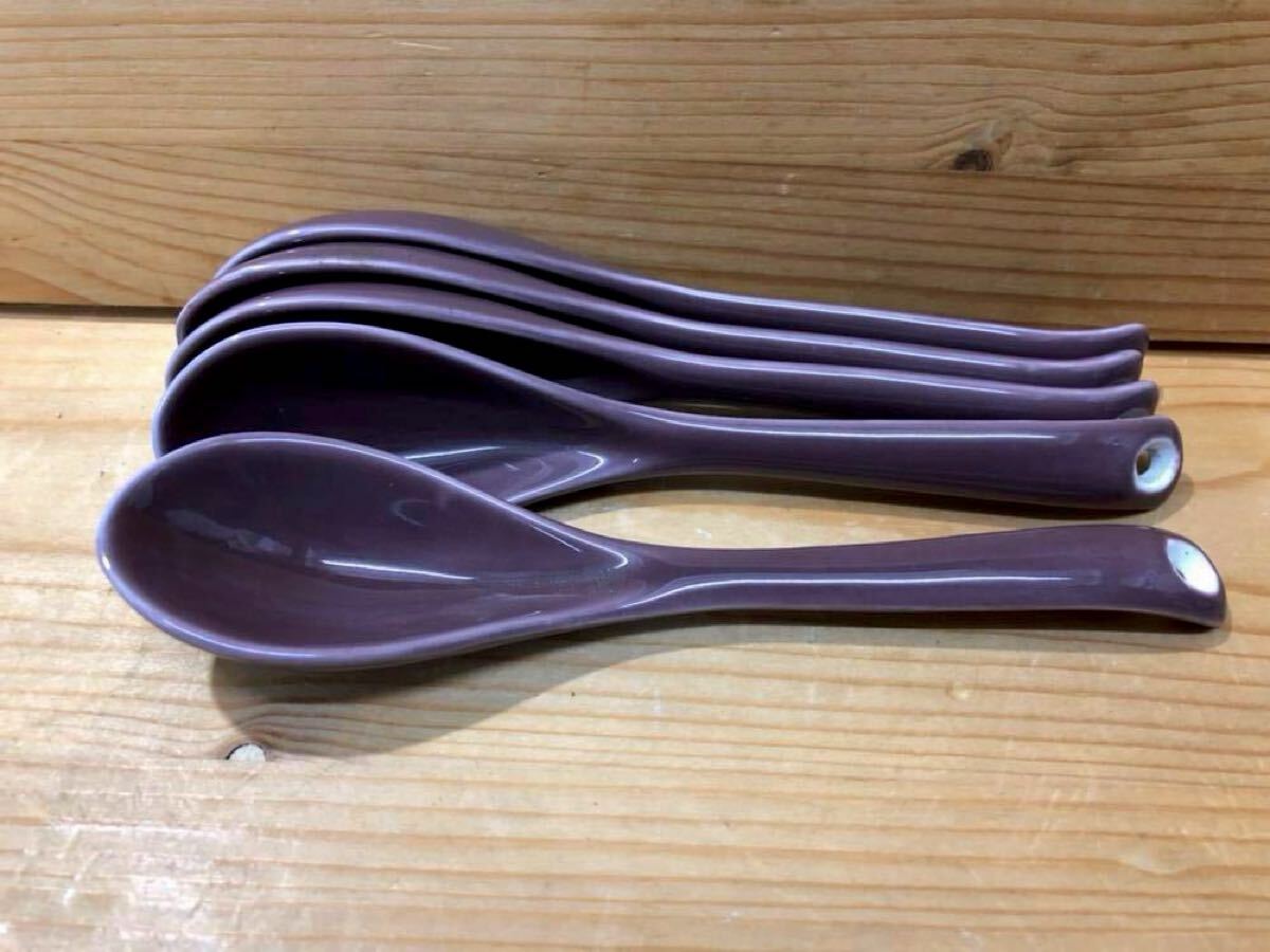 ◆新品◆有田焼/淡紫コーチ/陶器スプーン/5本組◆14cm×幅3cm◆レンゲ/懐石/割烹/料亭/旅館/食堂◆未使用/当店在庫品/定価から値下げ◆拍卖
