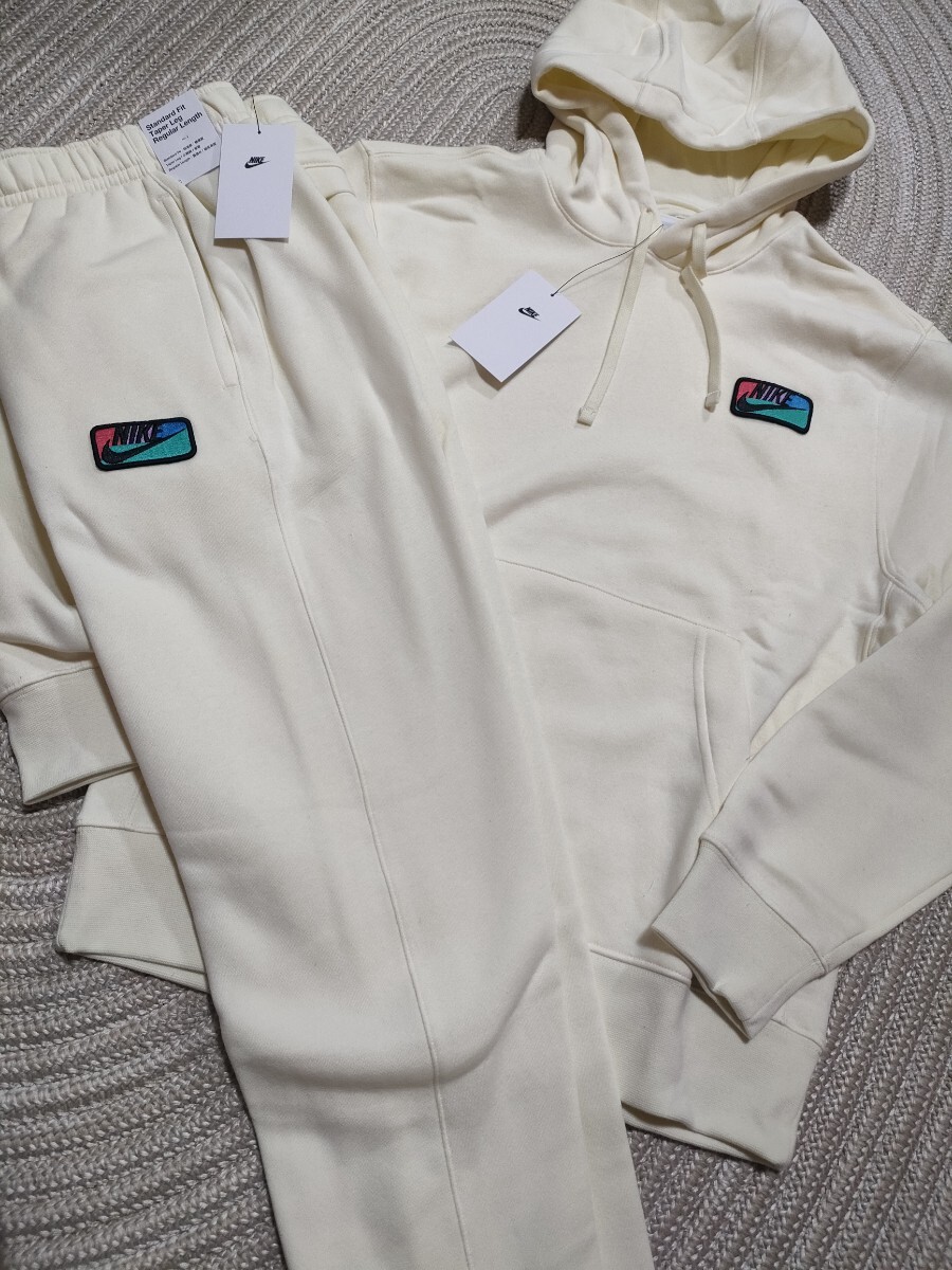 新品 定価18370 NIKE 刺繍ワッペン スウェット パーカー セットアップ М ホワイト 白 ナイキ 上下 メンズ パンツ 裏起毛拍卖