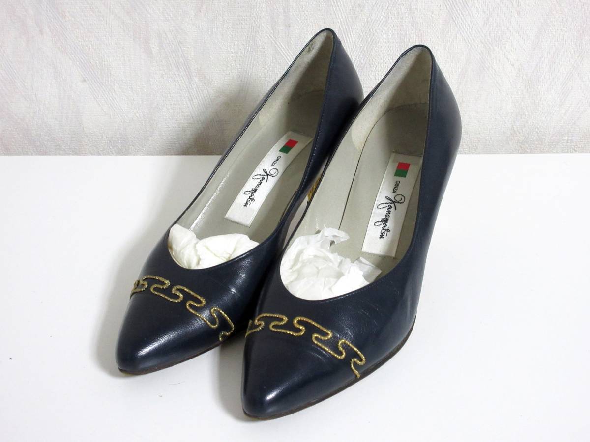 銀座かねまつ Kanematsu ゴールドヒール パンプス 22 1/2 ネイビー hj1396拍卖