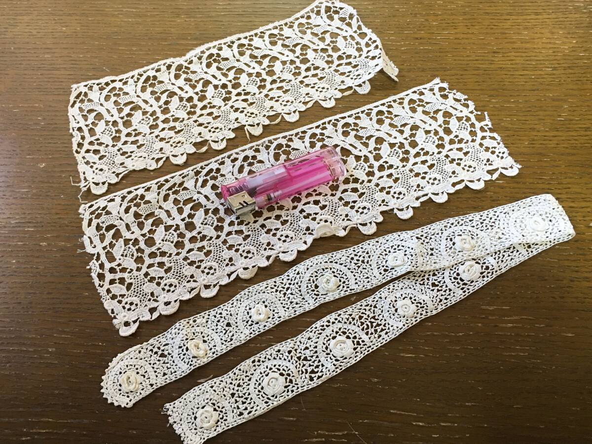 d. 3枚 フランス アンティークレース 薔薇 刺繍 手編み ドール衣装や小物制作にも ビスクドール拍卖