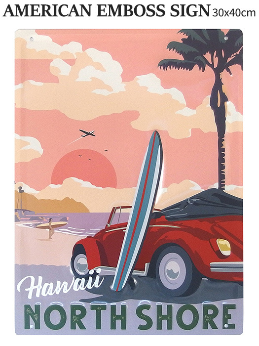 エンボス リゾート ブリキ看板 (ノースショア) 30×40cm 夕日 車 サーフ カリフォルニア ティンサイン 西海岸風 インテリア アメリカン雑貨拍卖