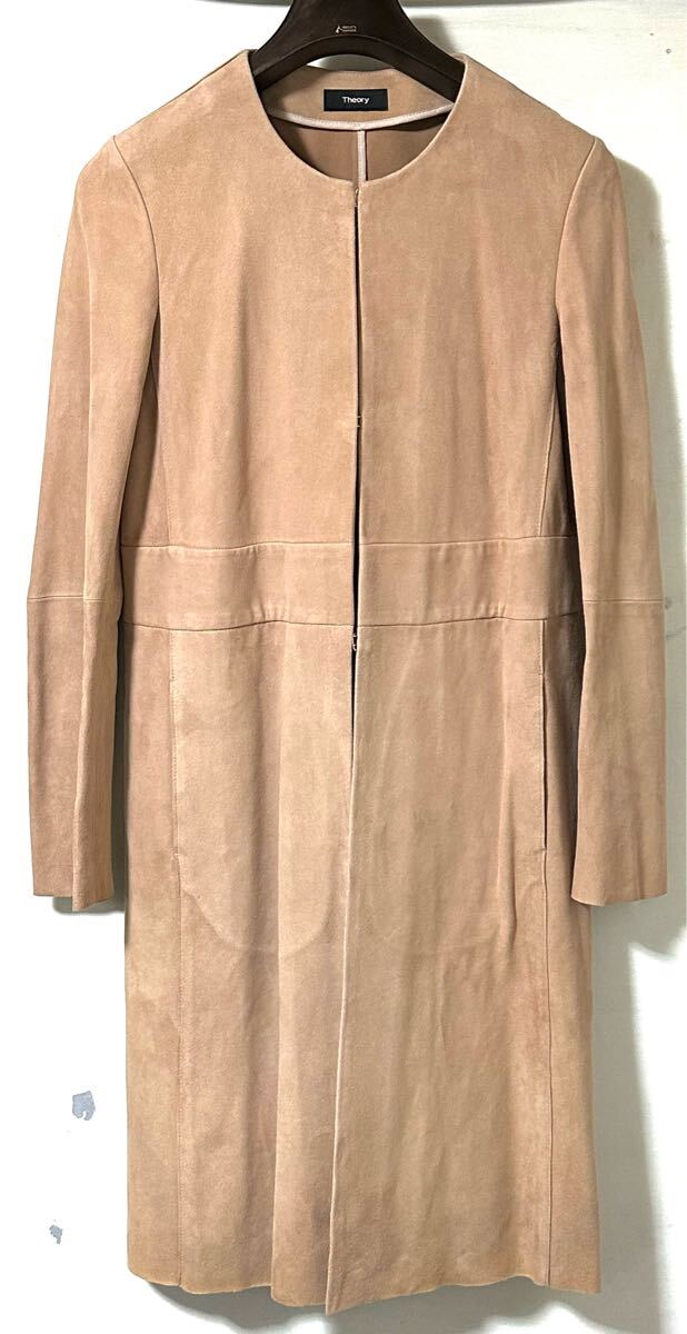 美品現行タグ Theory セオリー スエードレザー本革ロングコート サイズS ノーカラーコート拍卖