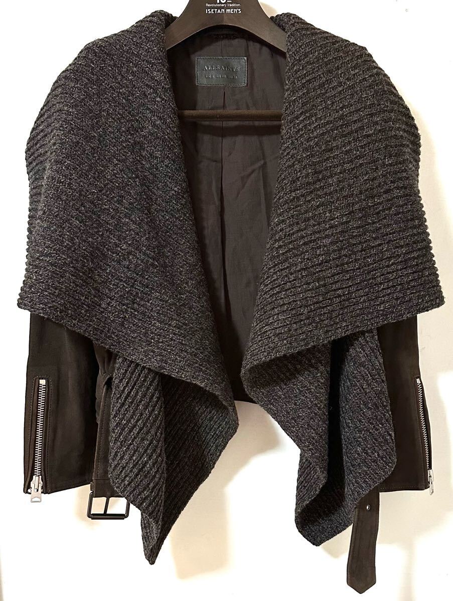 ALLSAINTS レザー×ニット切り替え ダブルライダース 茶 オールセインツ ブラウン拍卖