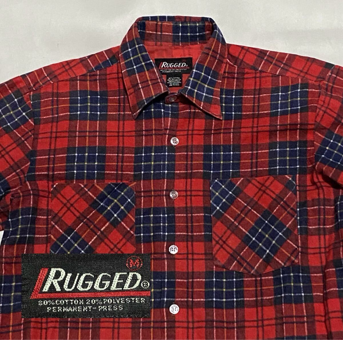 80's RUGGED チェック プリントネルシャツ Mサイズ ライトフランネル ビンテージ古着 vintage 90's 80年代 アメカジ 70's 拍卖