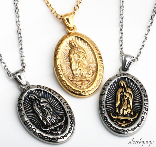 (A-タイプ、50cm) ステンレス素材 不思議のメダイ ネックレス ラージ ペンダント マリア 聖母 ゴールドコイン拍卖