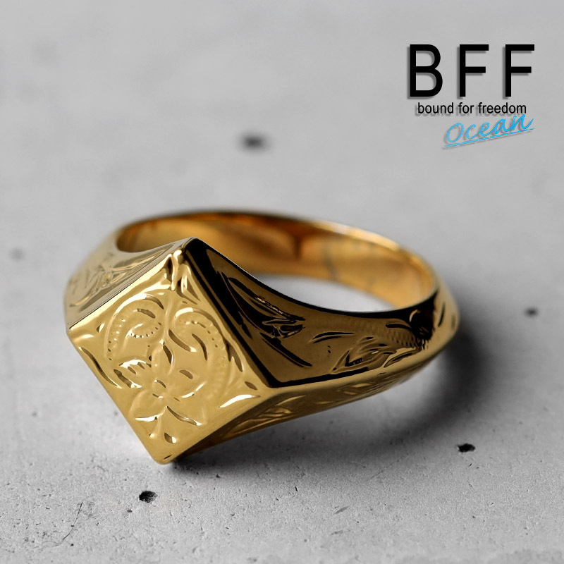 (8号) BFF ブランド プルメリア 印台リング スモール 小ぶり ゴールド 18K GP 金色 菱形 手彫り 専用BOX付属拍卖
