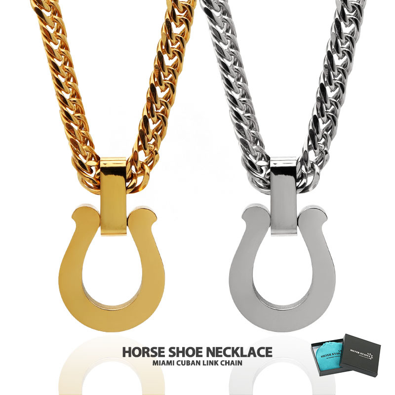 (シルバー、60cm) 馬蹄ネックレス 6面カット ダブル喜平 ネックレス ホースシュー K18 GP ステンレス BOX付属拍卖
