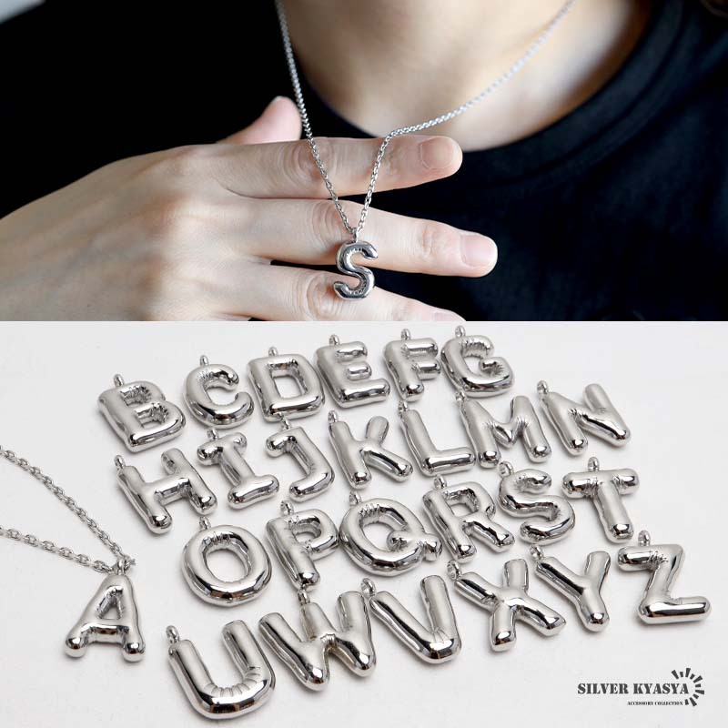 (M、60cm) イニシャルネックレス バルーン シルバー ステンレス あずきチェーン ぷっくり 金属アレルギー対応拍卖
