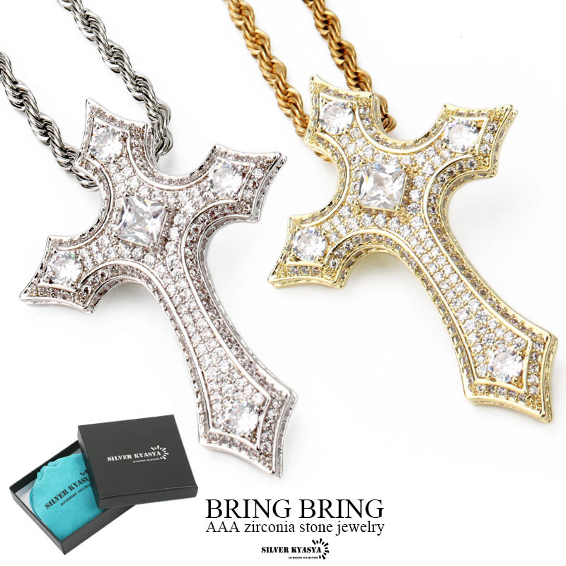 (ゴールド、60cm) クロスネックレス 十字架 CZ ロープチェーン パヴェ 18K GP ゴールド シルバー BOX付属拍卖