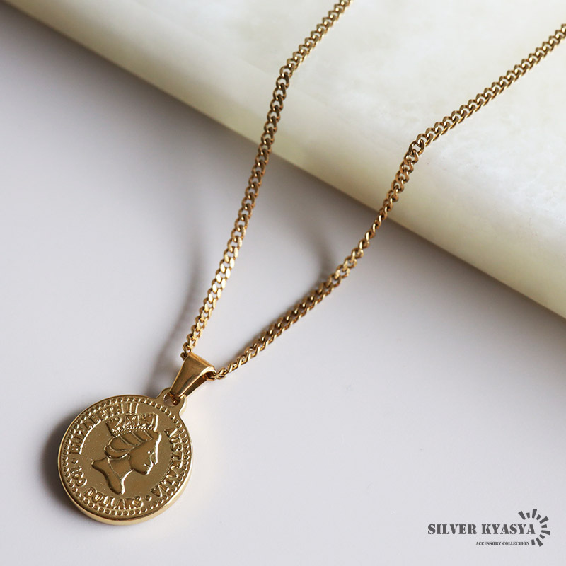 (60cm) コインネックレス 喜平チェーン アンティーク エリザベス2世 ゴールド 18K ステンレス 金属アレルギー対応拍卖