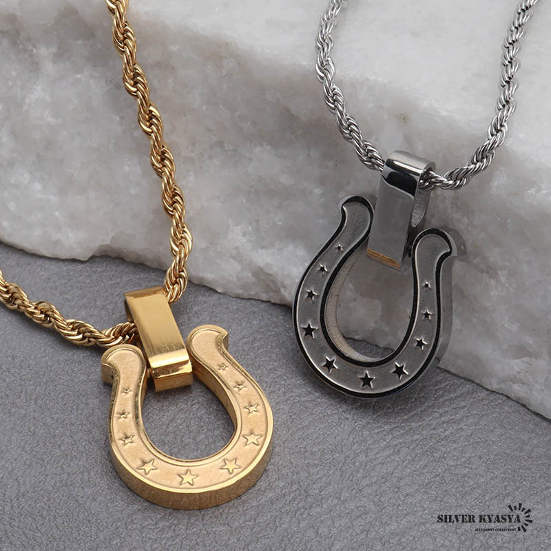 (ゴールド、50cm) ステンレス 馬蹄ネックレス ロープチェーン ゴールド シルバー ホースシューネックレス 金属アレルギー対応拍卖
