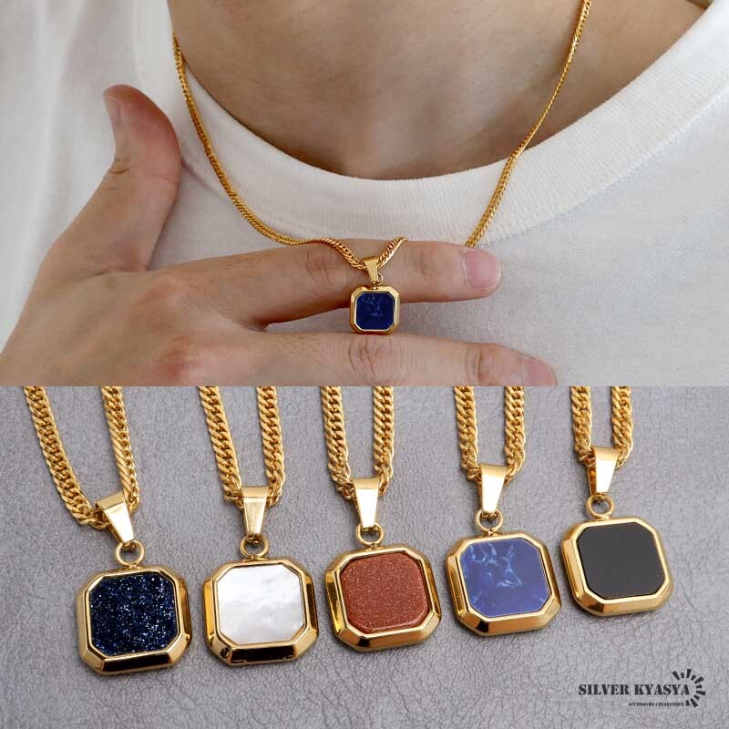 (Aタイプ、50cm) ストーンネックレス ゴールド メンズ 四角 ステンレス 18KGP ダブル喜平チェーン 金属アレルギー対応拍卖