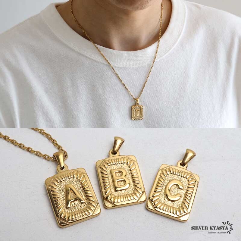 (U、45cm) イニシャルネックレス ゴールド 立体的 スクエア ステンレス 18KGP あずきチェーン 金属アレルギー対応拍卖