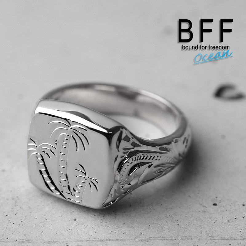 (16号) BFF ブランド パームツリー 印台リング スモール 小ぶり シルバー 18K 銀色 四角 専用BOX付属拍卖