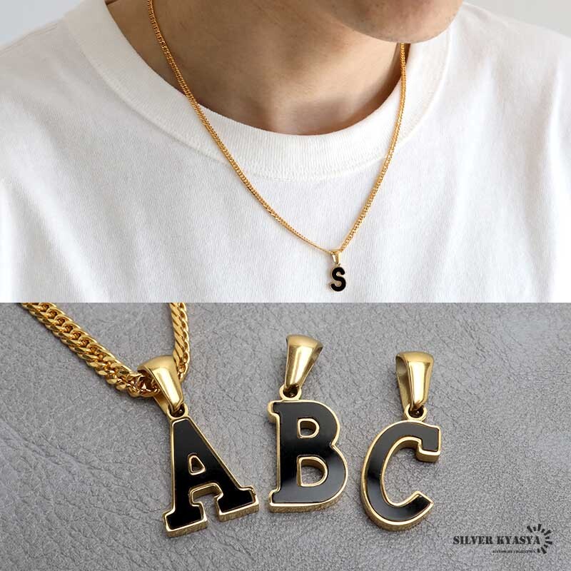 (Y、45cm) イニシャルネックレス ゴールド ブラック シルエット ステンレス 18KGP ダブル喜平 金属アレルギー対応拍卖
