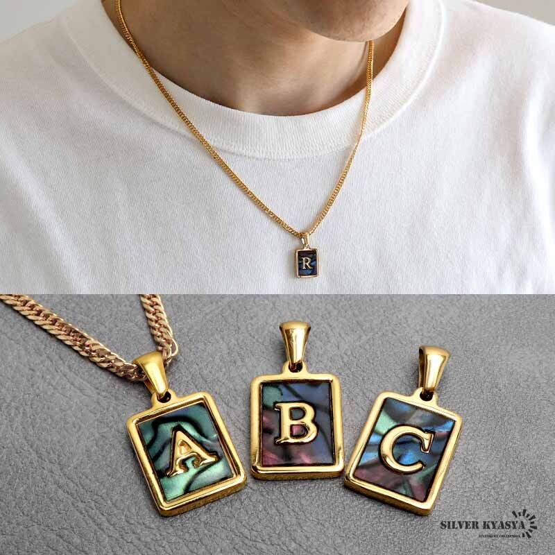 (F、50cm) イニシャルネックレス ゴールド オーロラ スクエア ステンレス 18KGP ダブル喜平 金属アレルギー対応拍卖