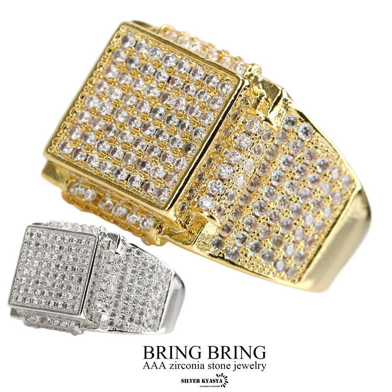 (ゴールド、19号) ブリンブリン 印台 パヴェ 四角 スクエア リング 指輪 CZ 爪留め 18金 18K BOX付属拍卖