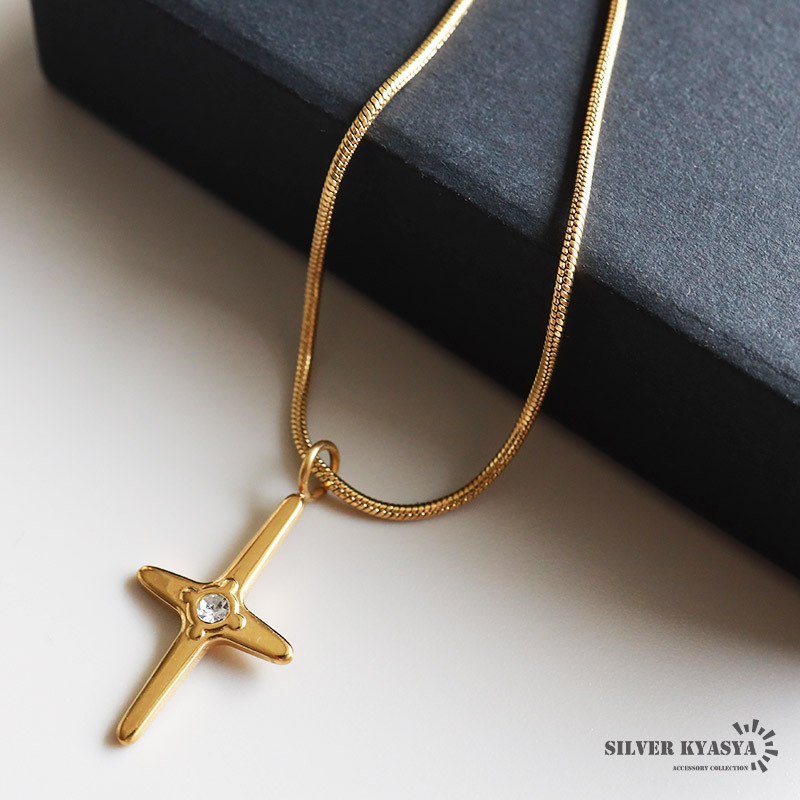 (50cm) クロスネックレス スネークチェーン 十字架 一粒ネックレス ゴールド 18K GP ステンレス 金属アレルギー対応拍卖