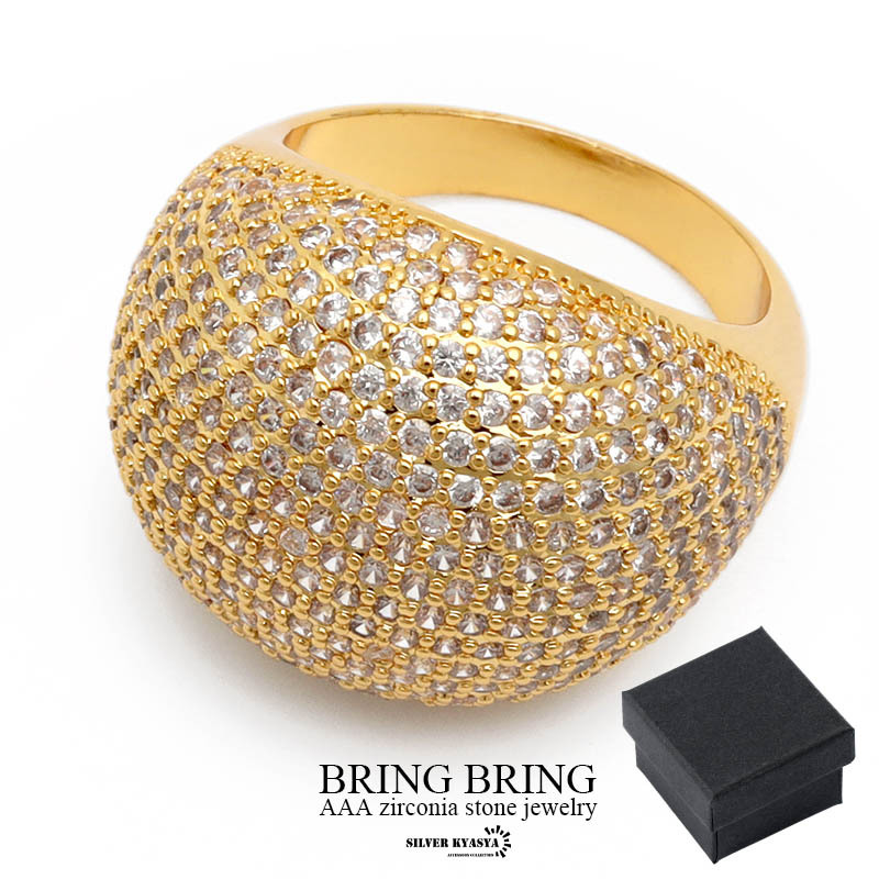 (16号) オーバルリング CZ 18k GP gold 指輪 太幅 ごつめ パヴェ ゴールド系 男性 専用BOX付属拍卖