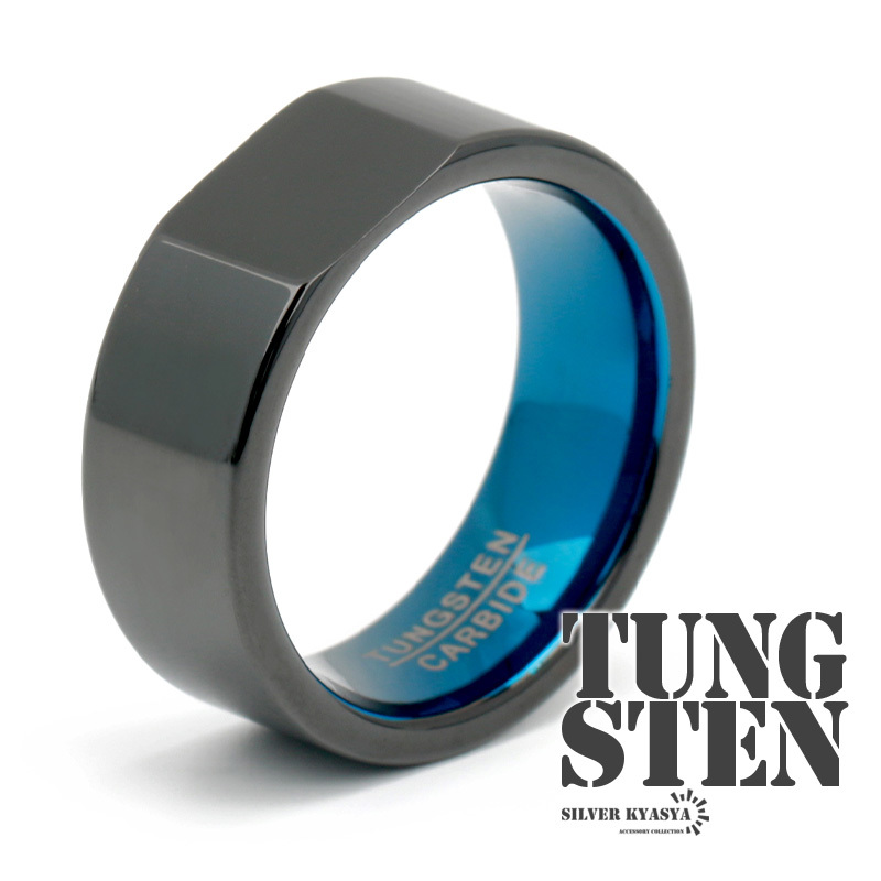 (16号) タングステン 印台 デザイン 幅8mm メタリック ブルー ブラック 黒 アレルギー対応 ごつめ 専用BOX付属拍卖