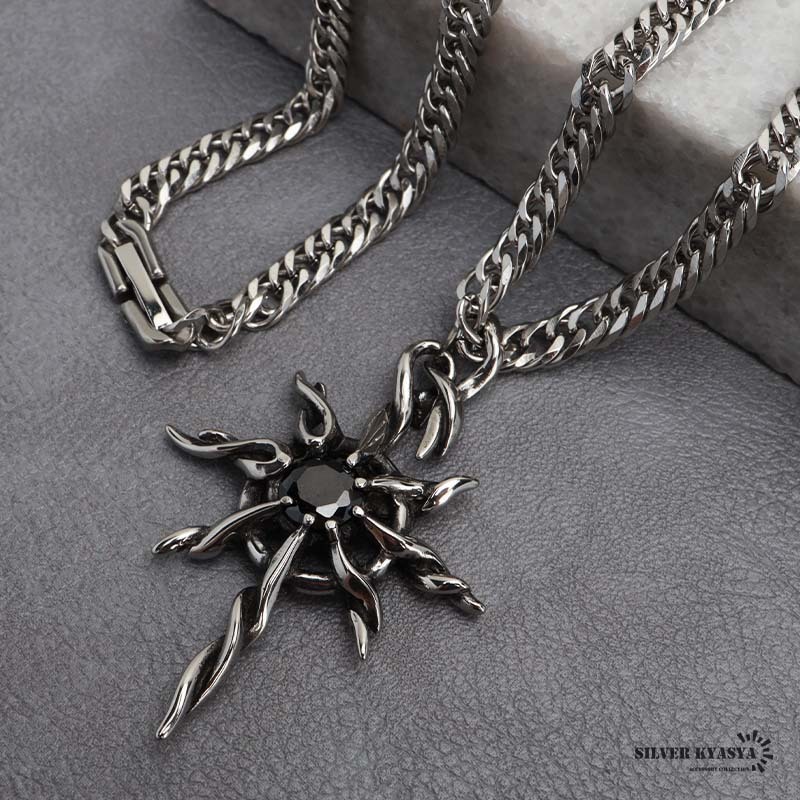 (60cm) ステンレス 茨ネックレス ダブル喜平チェーンネックレス シルバー ブラック オニキス いばら トゲ 中折式留具拍卖