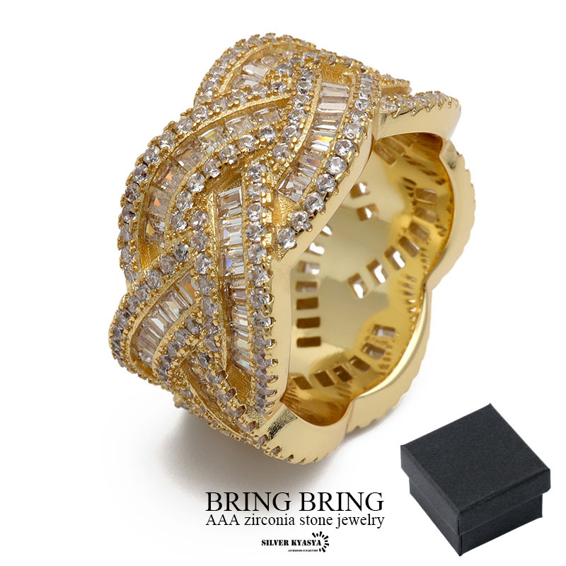 (24号) パヴェリング CZ 14k GP gold 指輪 ウェーブ スクエアストーン ゴールド系 男性 専用BOX付属拍卖