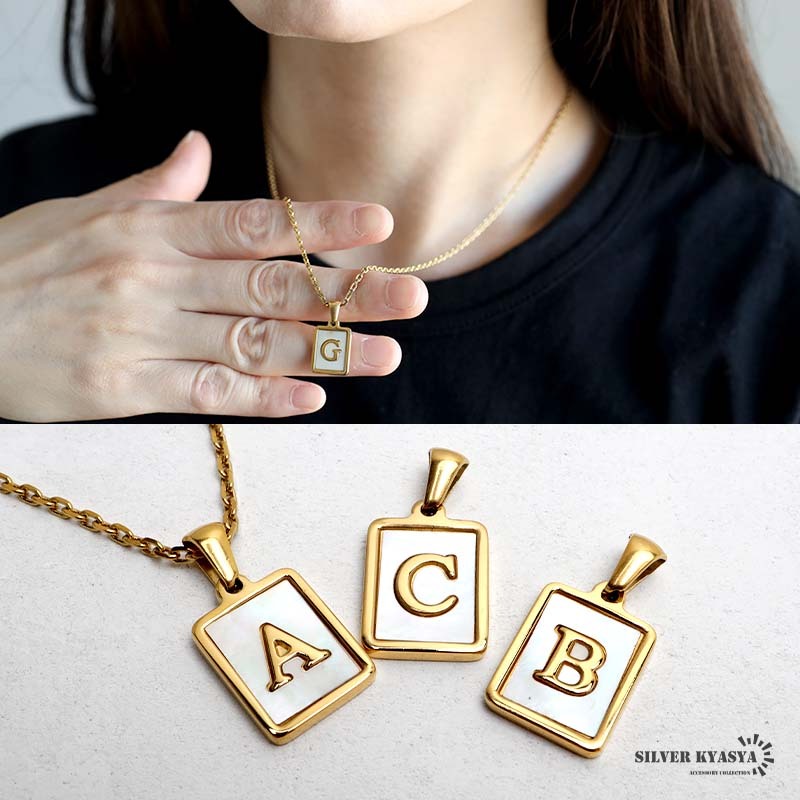 (N、50cm) イニシャルネックレス ゴールド ホワイト スクエア ステンレス 18KGP あずきチェーン 金属アレルギー対応拍卖