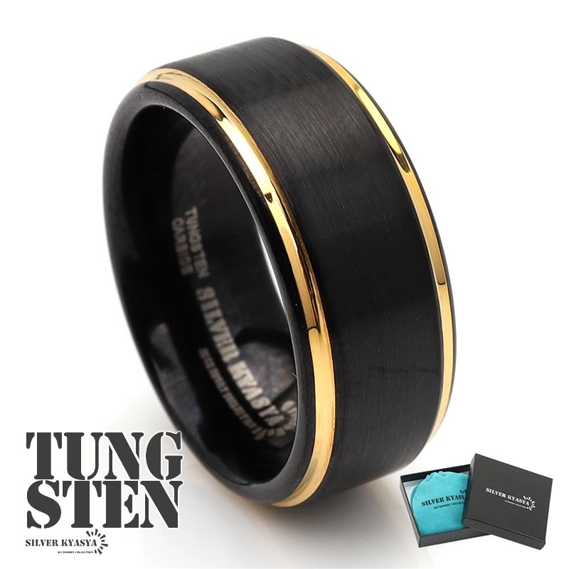 (26号) 超硬 タングステン リング 指輪 マット 艶消し ブラック 黒 金 ゴールドライン リング BOX付属拍卖